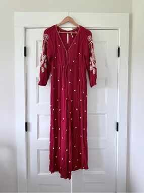Free People Rich Red Embroidered Boho Jumpsuit Wide Leg XS